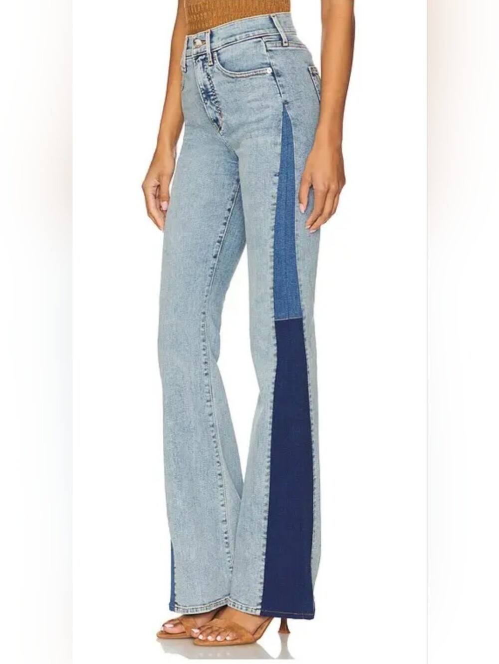 Veronica Beard Beverly High Rise Skinny Flare Two-Tone Blue Patchwork Jeans